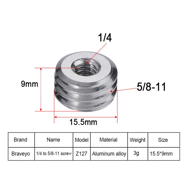 4 Adattatori Filettati 1/4'' A 5/8'' - Lega Alluminio Per Treppiedi - Foto 4
