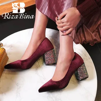 

RIZABINA Women Pumps 2020 Crystal Velvet Spring Wedding Pointed Toe Square High Heel Shallow Women'S Shoes Footwear Size 32-43