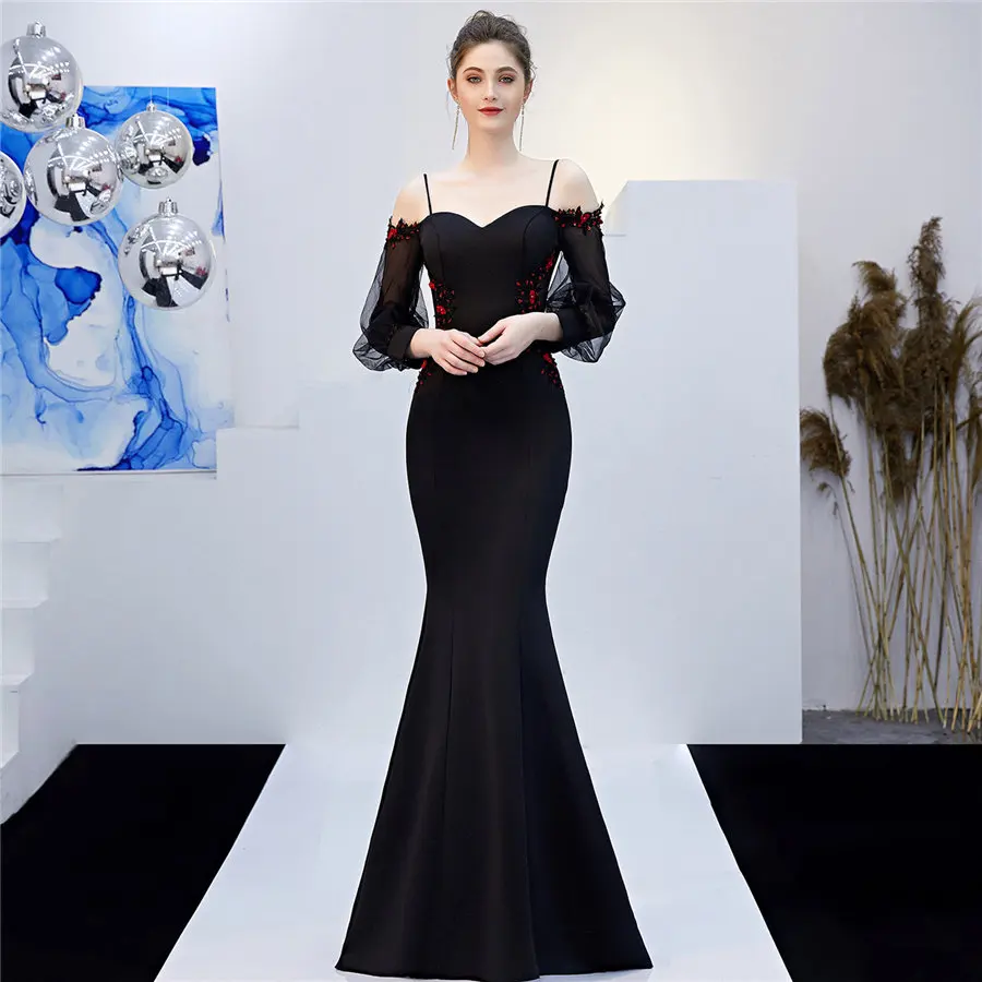 С длинным рукавом Русалка вечернее платье размера плюс Robe De Soiree DX268-1 тонкое женское вечернее платье сексуальные слинг вечерние платья с открытой спиной - Цвет: Черный
