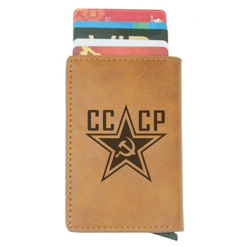 

2019 Fashion CCCP Soviet Union Rfid Card Holder Men Women Wallets Brown Short Purse Leather Slim Wallets Mini Wallet Gifts