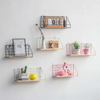 

Wooden Iron Wall Shelf Wall-Mounted Table Storage Rack Organization DIY Wall Decoration Holder For Home Decor Kitchen Bedroom
