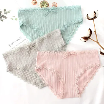 

Wasteheart Women Fashion Cotton Lace Trim Low Waist Sexy Panties Underwear Lingerie Briefs 3 Piece 3 Color Cotton Underpants