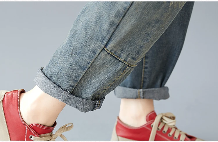 Loose Vintage Flower Embroidery Boyfriend Jeans For Women Elastic Waist Sping Streetwear Femme Denim Jean Trousers