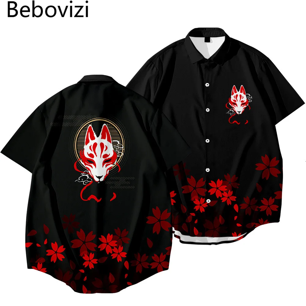 2021 Japanese Style Men Fox Streetwear Hawaiian Shirt Beach Shirt ...