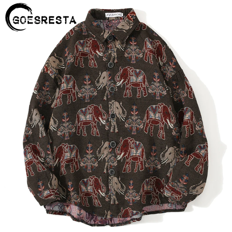 

Retro Elephant Print Long Sleeve Woolen Shirt Men Streetwear Hip Hop Oversized Shirts Brand Harajuku Casual Fashion Men's Shirt
