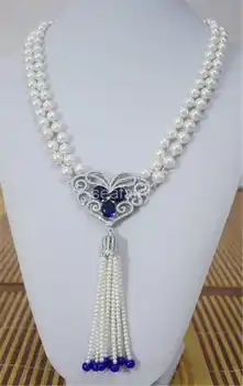 

2 stand 9-10mm white Freshwater Pearl Necklace Zircon Butterfly pendant 20"