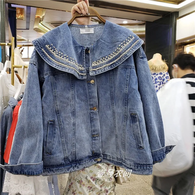 

2020 Spring Autumn New Korean Women Denim Jacket Heavy Industry Beaded Diamonds Large Lapel Loose Jeans Coat Women Cowboy Tops