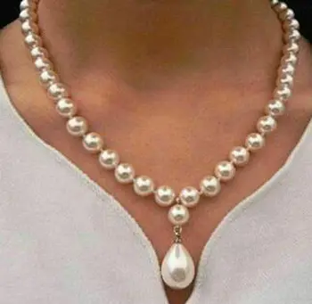 

16"18" 20" 8mm white Shell Pearl Round Beads Drop Pendant Necklace AAA