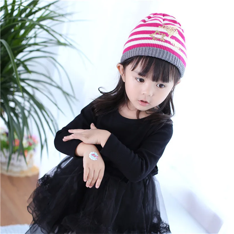 rose hat Новая модная детская шапочка, горячая штамповка, полосатая вязаная детская шапка, Осенняя детская шапка для девочек, зимняя теплая детская шапка - Цвет: rose hat