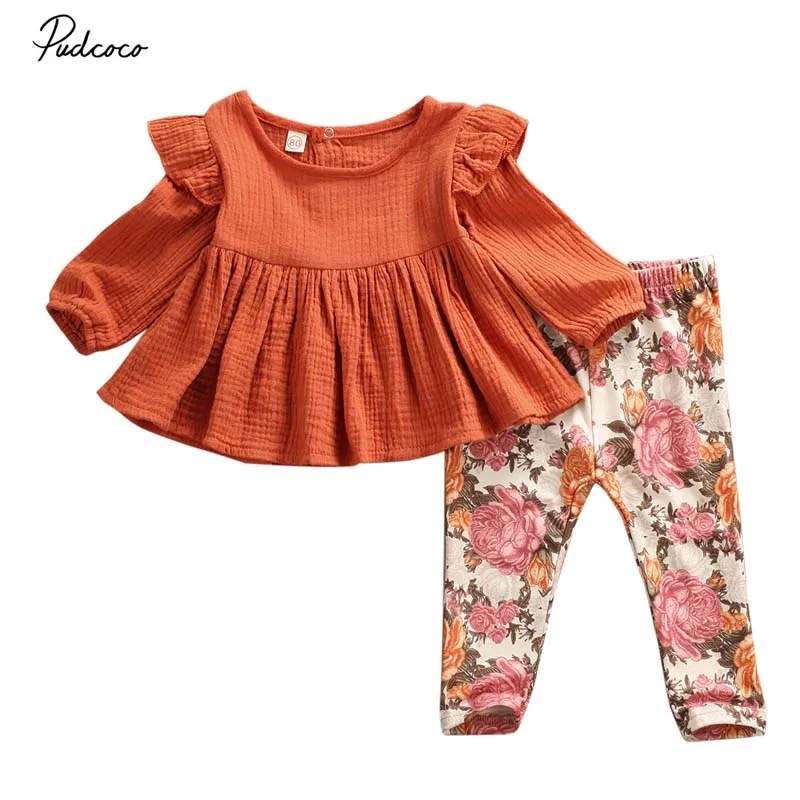 2019 Barnd Newborn Kids Baby Girls Flower print Clothes Top Cotton Linen T Shirt Floral Pants Tracksuit Outfits Sweet Autumn Set | Детская