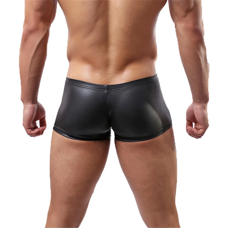 Сексуальное нижнее белье cueca боксеры мужские шорты из искусственной кожи европейские размеры однотонные мужские облегающие боксеры сексуальные большие размеры гей U мешочек плотные шорты