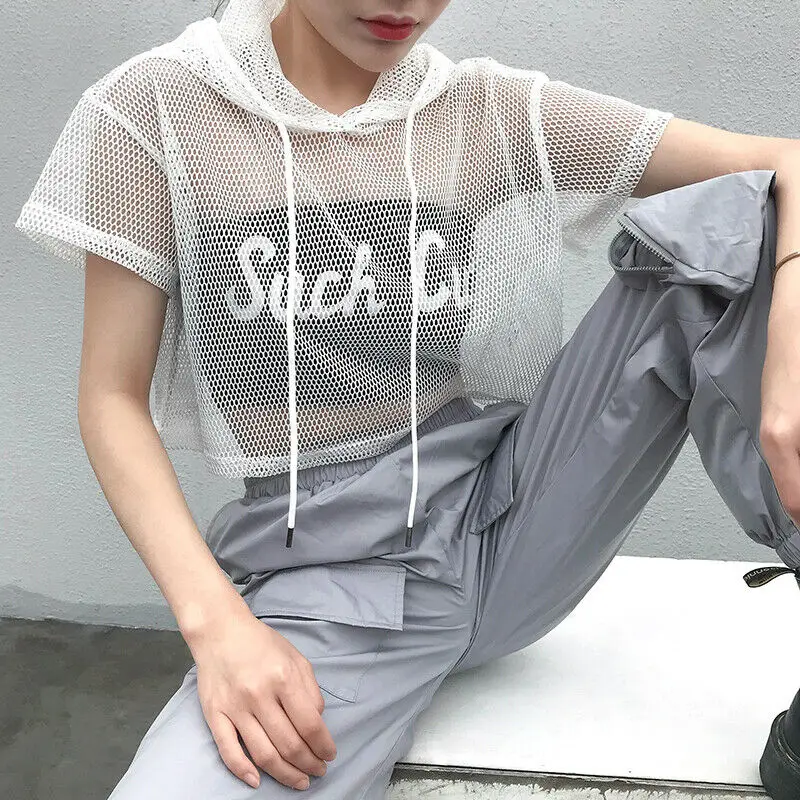 Womens Hollow Mesh Net Hooded T-Shirt Short Sleeve Tee Tops Transparent Black Swxy Clubwear Party | Женская одежда