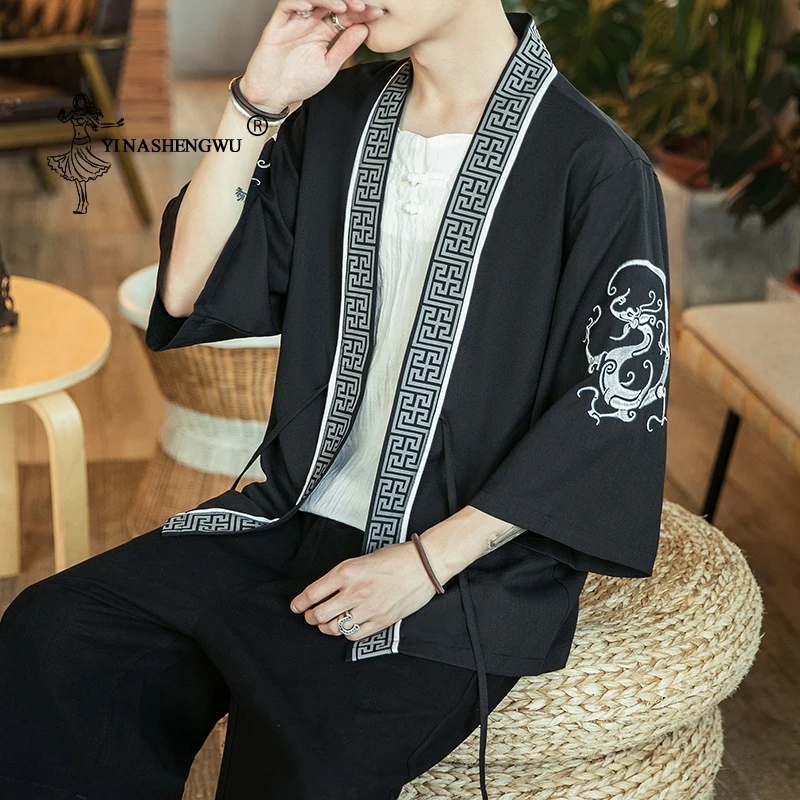 Кимоно кардиган мужской традиционное японское кимоно пляжное тонкое азиатская одежда юката мужской модный Повседневный Кардиган Рубашка хлопковое кимоно