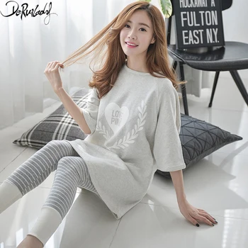 

Deruilady Spring Autumn Cartoon Pajamas Women Long Sleeves O-Neck Pattern Sleepwear Trousers Pajamas Set Thin Cute Pyjamas Women