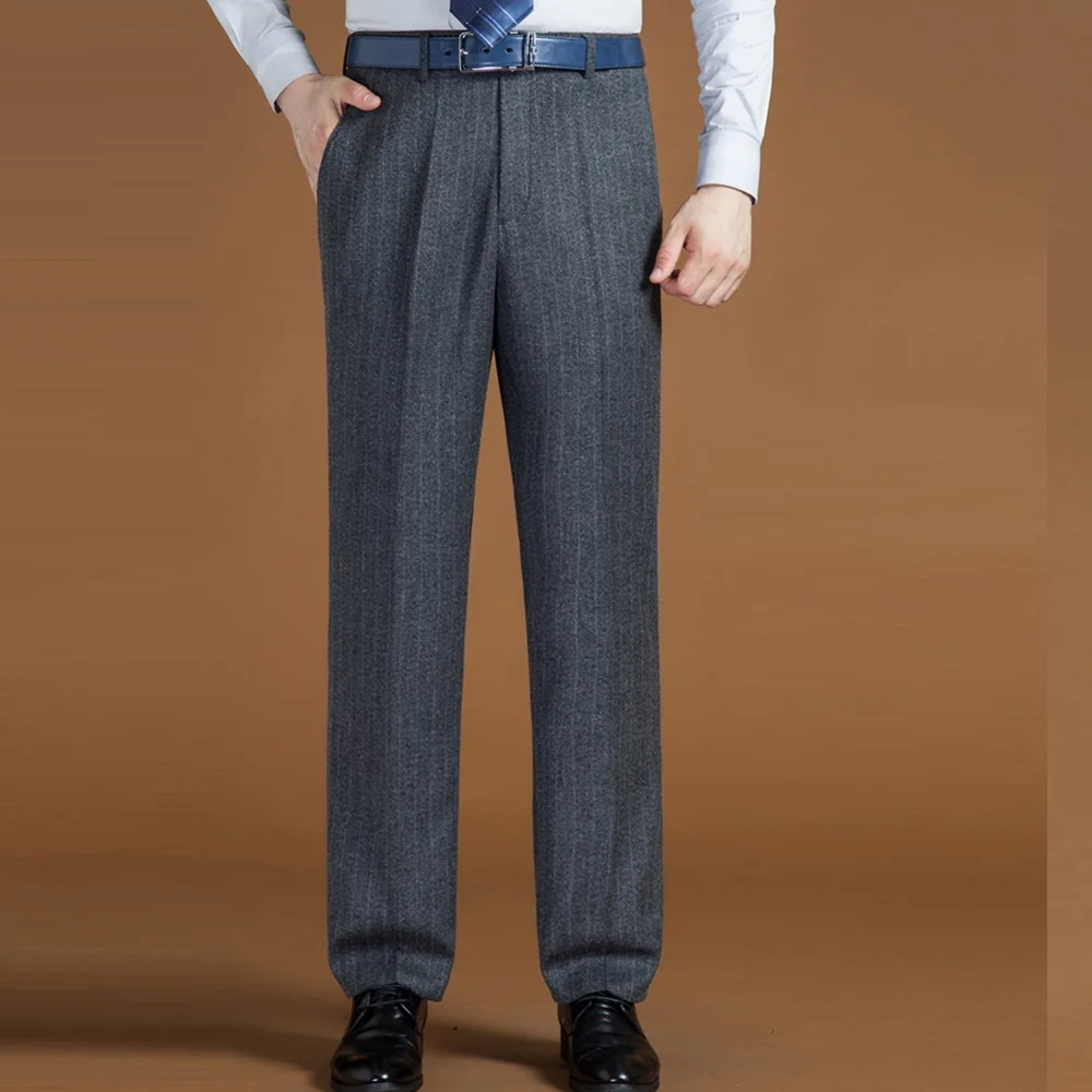 High Waist Wool Men Pants Classic Straight Loose Pleated Black Suit Pant For Men Formal Trousers