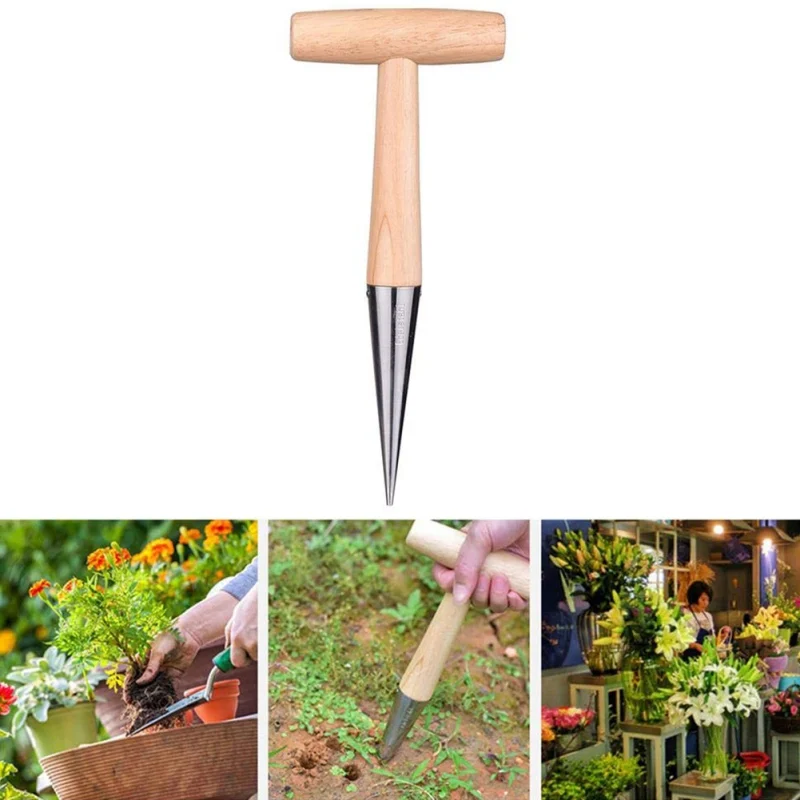 Soil Puncher With Wood Handle Portable Outdoor Punching Hole Tool Garden Supplies Planting Flowers Planting Fittings