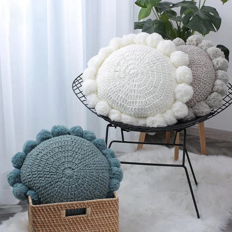 Knit Cushion Solid 50X50cm Cute Pompom Ball Cushion Case Soft for Bed Nursery Room Decorative