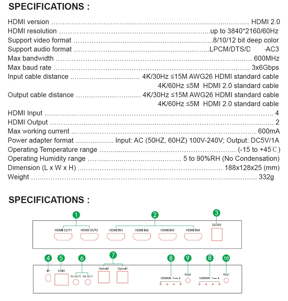HDMI 2,0 Matrix 4x2 Scaler 4K 60Hz HDMI переключатель сплиттер матрица Поддержка аудио независимо от оптического или стерео LPCM/Dolby/DTS
