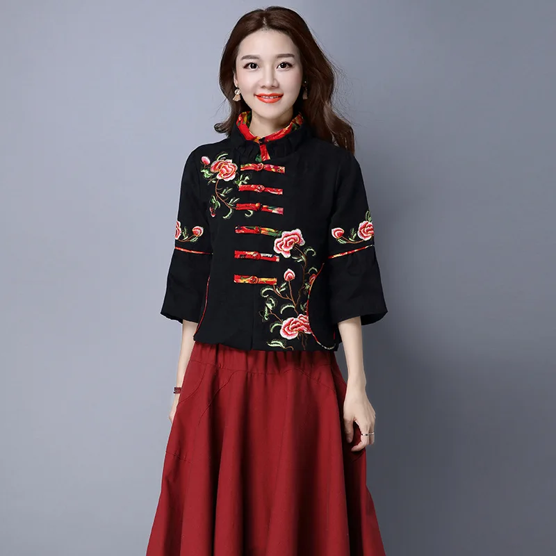 J913949#18 стиль, этнический стиль, жаккардовые топы с лягушкой, хлопок, лен, свободный крой, с коротким рукавом, вышивка, обрезанная куртка