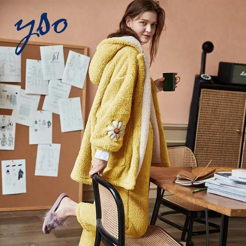 yellow Зимняя фланелевая женская пижама, комплект из 2 предметов, теплая утолщенная домашняя одежда для женщин, милый женский домашний костюм с длинным рукавом - Цвет: yellow