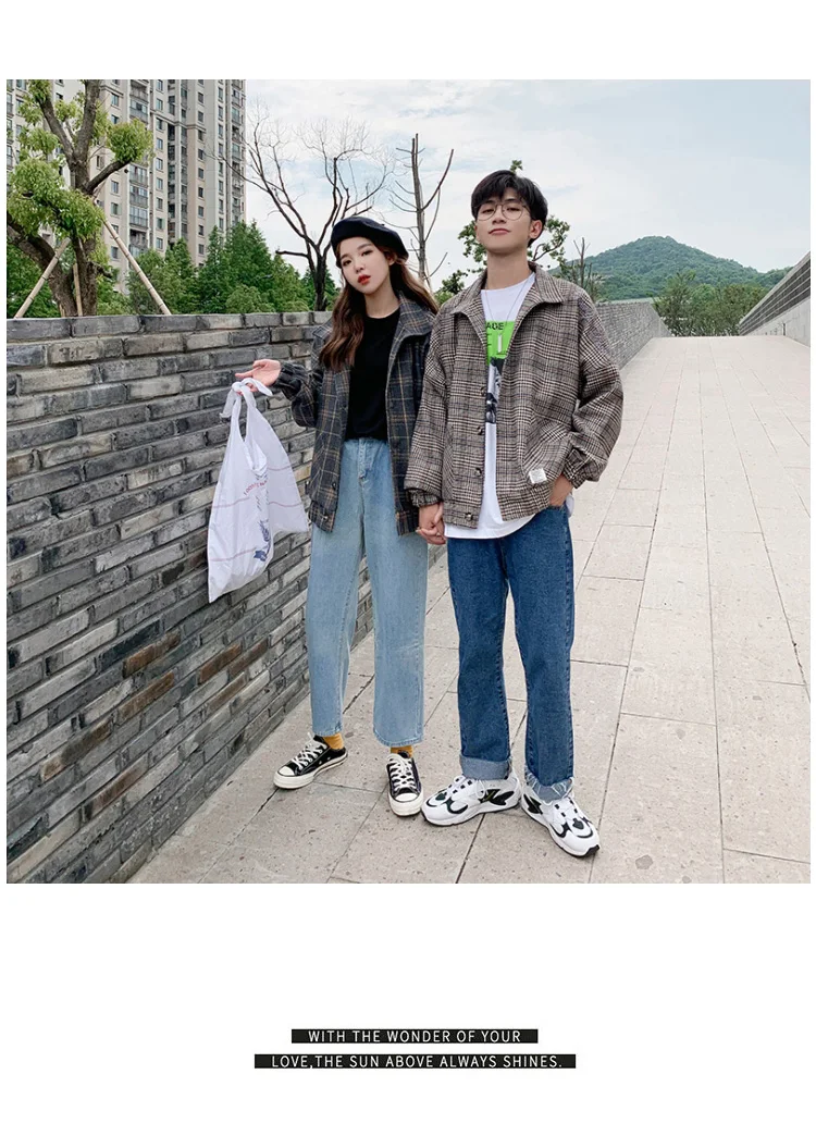 Korean Men Women Plaid Jackets Shoulder Letter Embroidery lovers Coats Autumn Winter Man Jacket Casual Clothes Plus Size