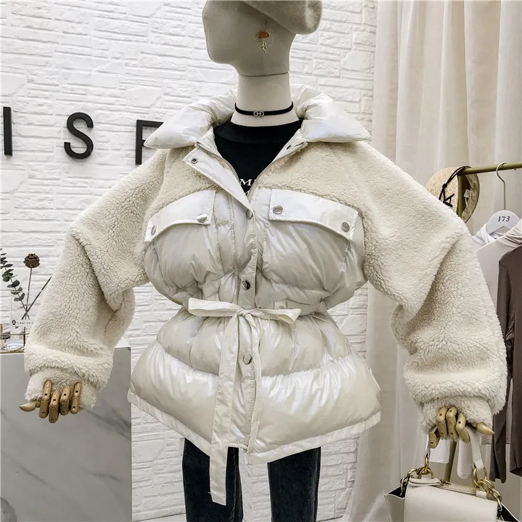 Mooirue Winter Casual Parkas Sherpa Fleece Patchwork Drawstring Lace Up Vintage Coats Harajuku Jackets Female white Coats