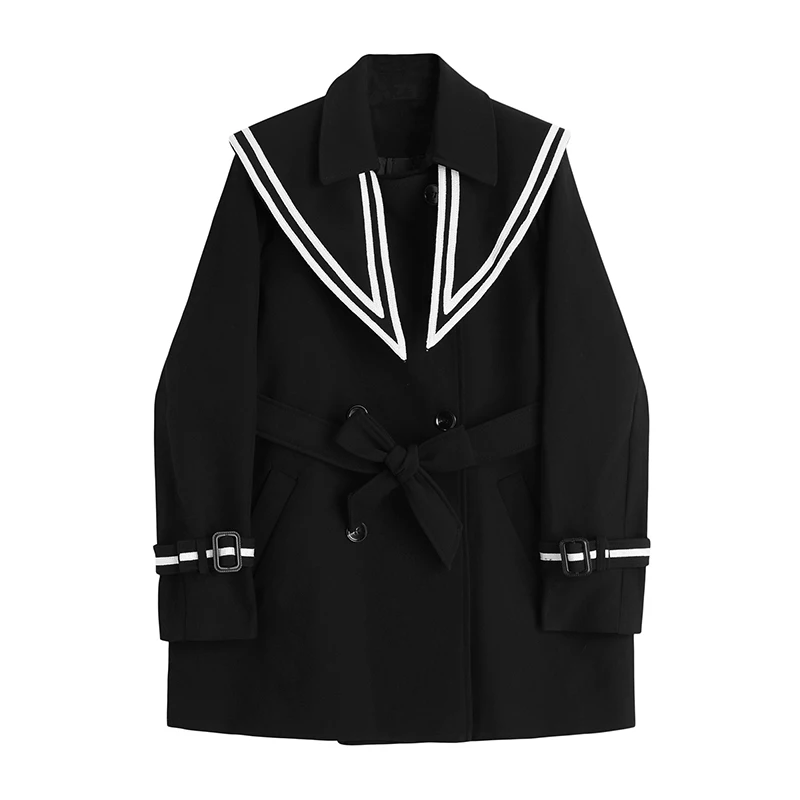 

Navy collar college age reduction windbreaker women loose and thin mid-length suit jacket autumn and winter tide