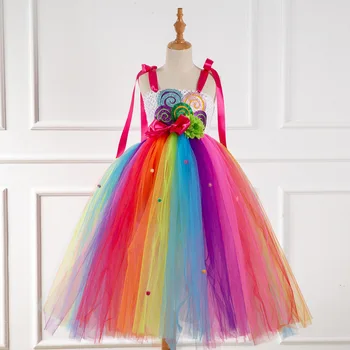 

2020 Dress Girl Trolls Mid-calf Fast Selling Hot New Lollipop Long Girl Dress Cartoon Candy Funny Rainbow Children Princess