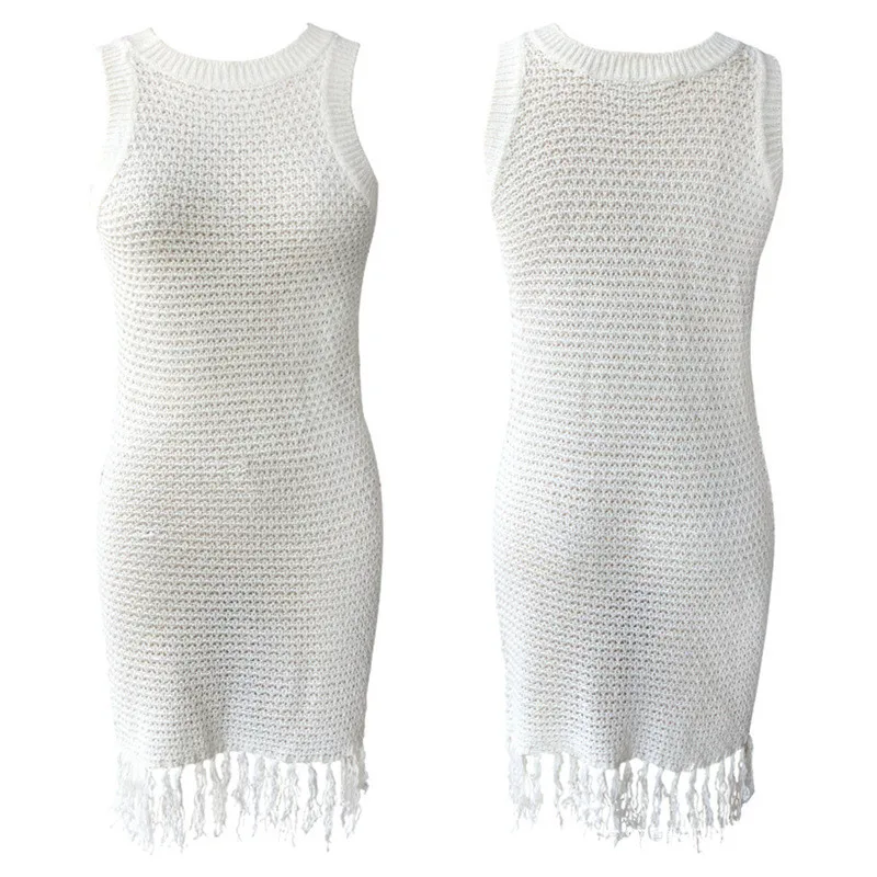 Sexy Knitted Dress Beach Bikini Cover Up Bodycon Bandage Dress Summer Sleeveless Tassel Crochet Dresses Swimsuit Vestidos