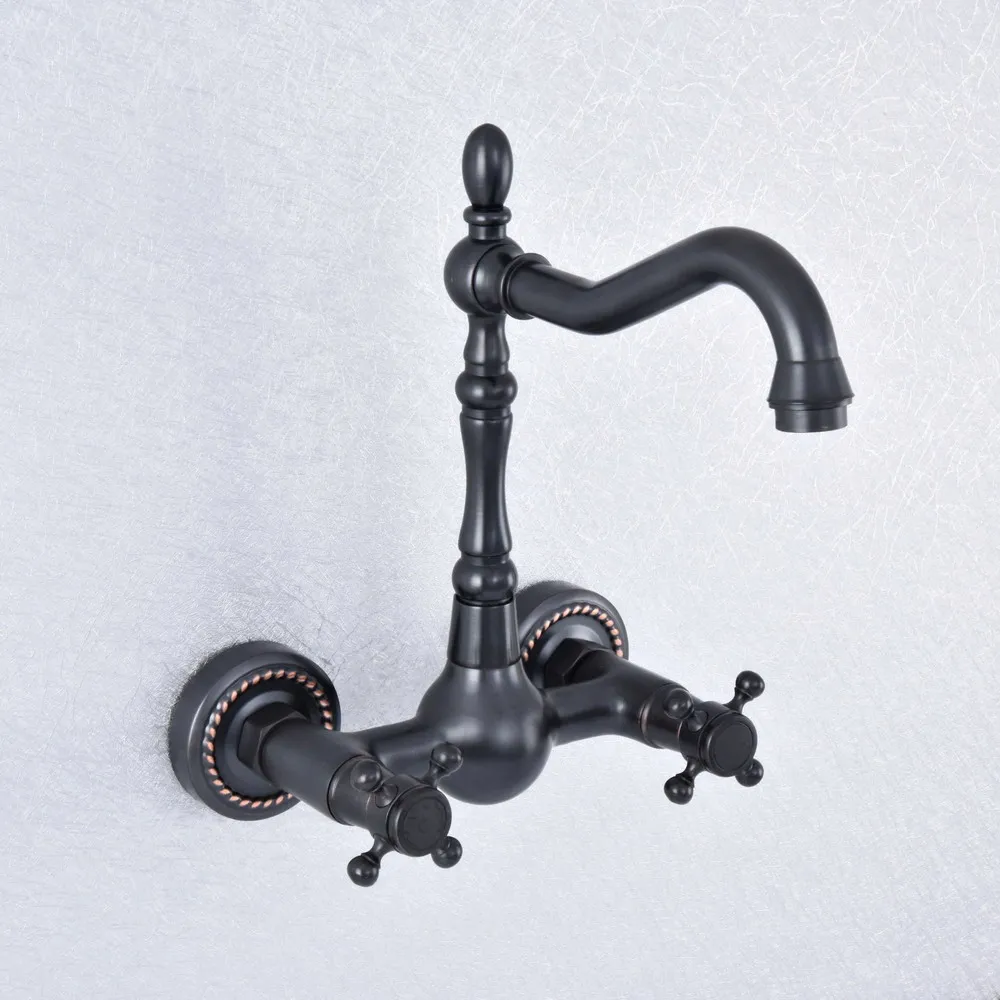 

Black Oil Rubbed Brass Wall Mounted Basin Kitchen Faucet Swivel Bathroom Faucet Mixer Tap Sink Tap Double Handle