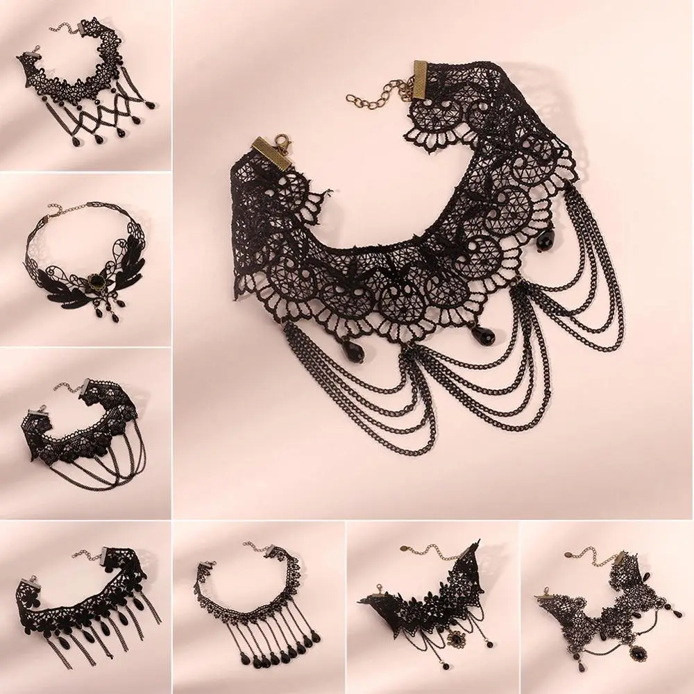 Готическая Лолита Черная кружевная короткая цепочка-чокер сексуальное ожерелье