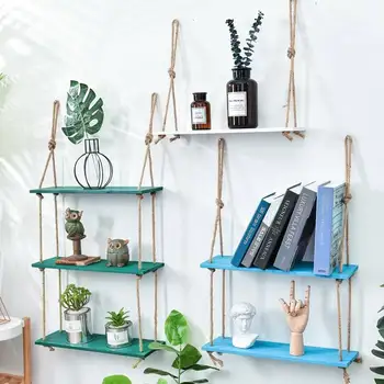 

Multi-layer Wooden Wall Hanging Hemp Rope Storage Rack Flower Pot Living Room Wall Hanging Display Rack Hanging Plate Decoration