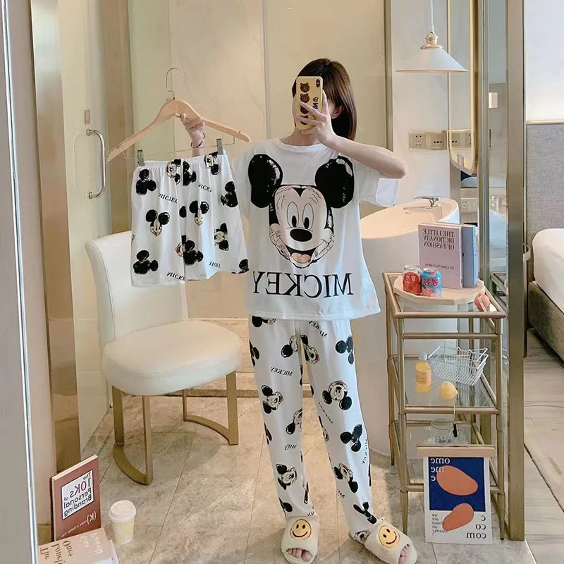 Disney Mickey White Women's Spring Summer Pajamas Set Three-piece Short Sleeve + Shorts + Trousers Soft And Comfortable Homewear 5