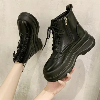 

COOTELILI Winter 2020 New Warm Non-slip Round Toe 7cm Heel Zip And Lace Up Platform Leather Boots For Women Black Beige Brown