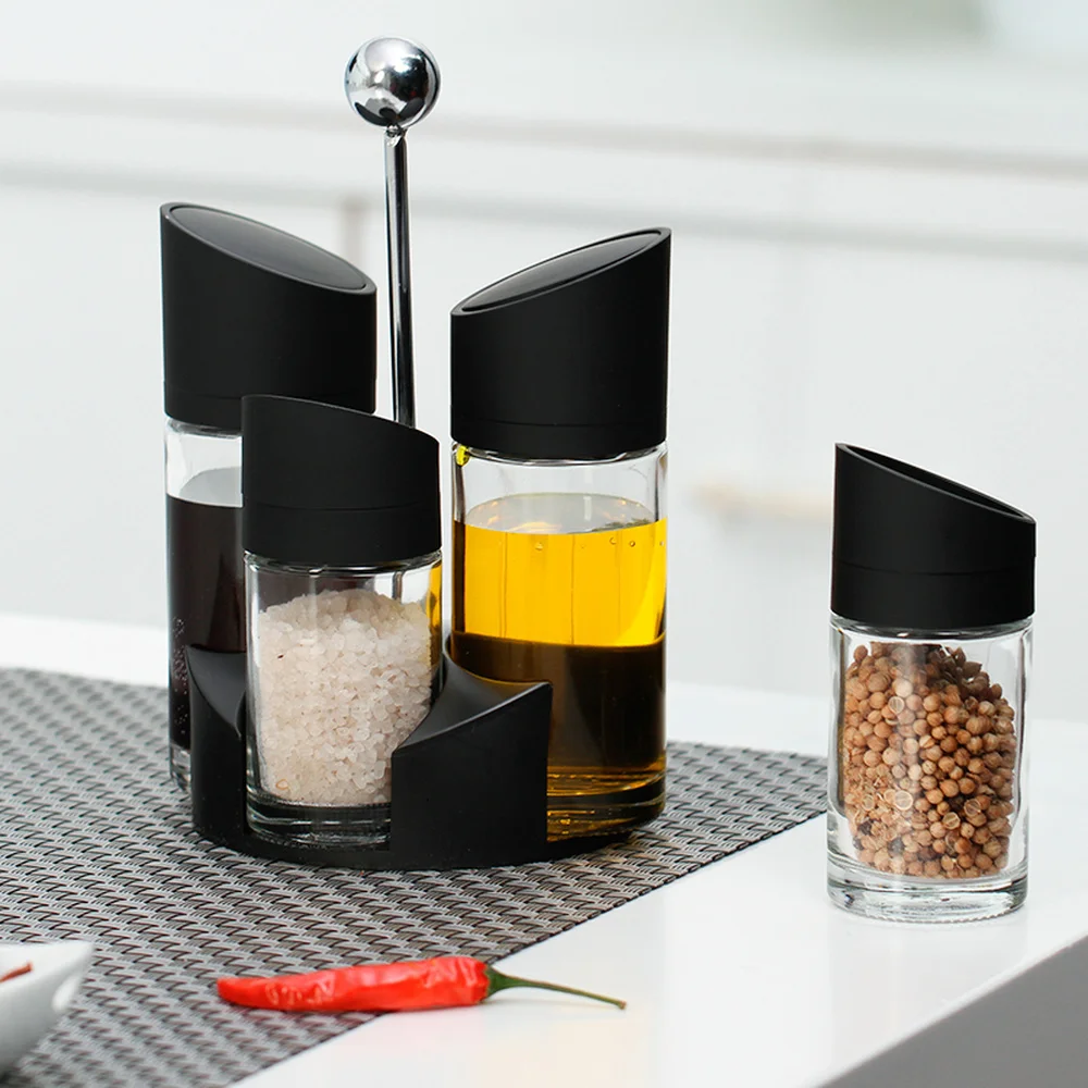 Rotating Cruet Sets 5Pcs for Spice Container Seasoning Jar Salt and Pepper Shaker with Oil Vinegar Bottle Kitchen Storage Rack