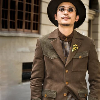 

men blazer slim fit Autumn and winter vintage British safari jacket Spliced suit business casual suit mens blazer jacket