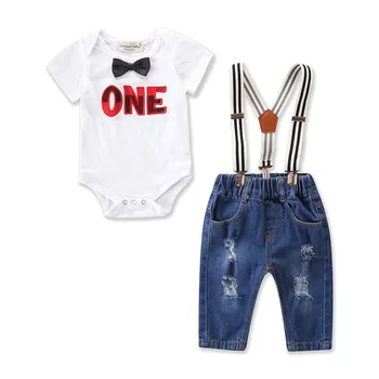 

2020 Children's Wear Summer New Boy Short Sleeve Lettering Harmony + Hole Denim Bib Set