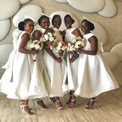 Charming On Sale Ivory Bridesmaid Dress Mid Calf Maid of Honor Gowns High Neck Lace Beaded Wedding Party Gowns Bow Back