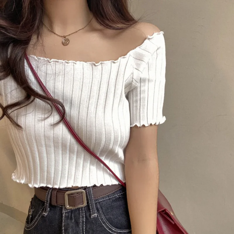 HELIAR Women Off Shoulder T-shirts Knitting Crop Tops Women Short Sleeve Cute Ruffles Hem T-shirts For Women 2021 Summer