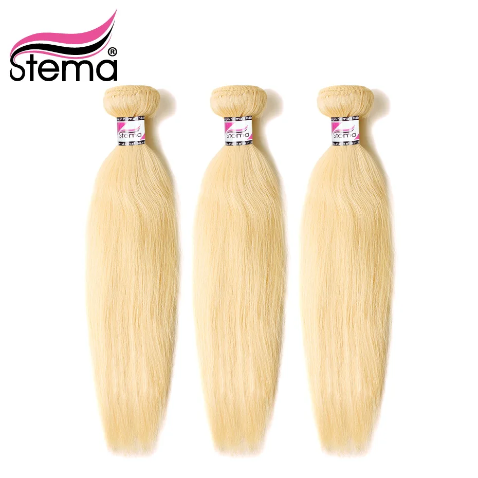 Stema 613 Blond Straight 3 Bundles with 13X4 Lace Frontal Closure 8-28Inch Blonde Brazilian Remy Human Hair Extension