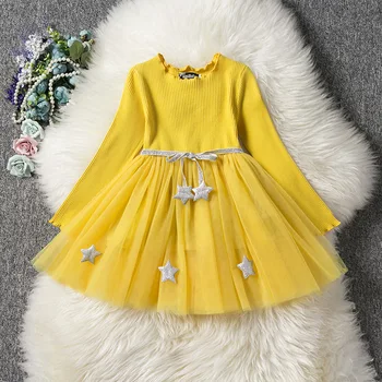 

Girls autumn winter knitted dresses middle and small children long-sleeved net yarn star princess skirt little girl fluffy gown