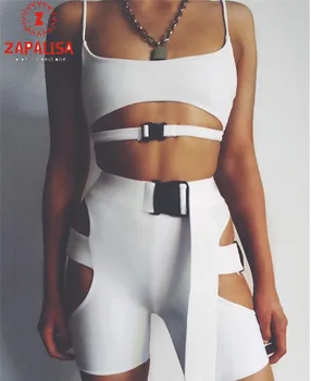

Zapalisa Solid Color Bag Buckle Tracksuit Women Two Piece Set Top and Pants Halter Tank Top+Elastic Waist Hollow Out Sexy Shorts