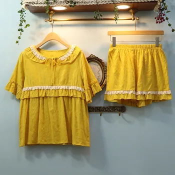 

Yellow Ladies Pajamas 2 Piece Short Pajamas Women Summer Cotton Short Sexy Ladies Suit Casual Home Clothing Pajamas