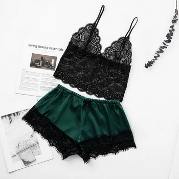 

Sexy Pajamas Women Lace Lingerie Summer Sleepwear Satin Thin v-neck Cute Backless Pyjamas Women Pijama Sexy Mujer 2XL