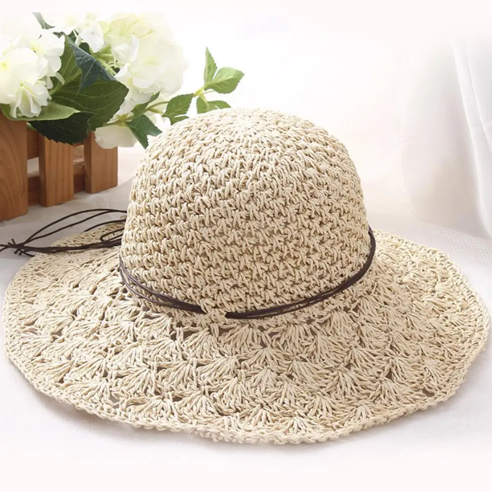 Studyset Woman straw hat straw weaving Handmade Straw Hat Large Brim Foldable Beach Bow Knot Sun Hat 80g - Color: Beige