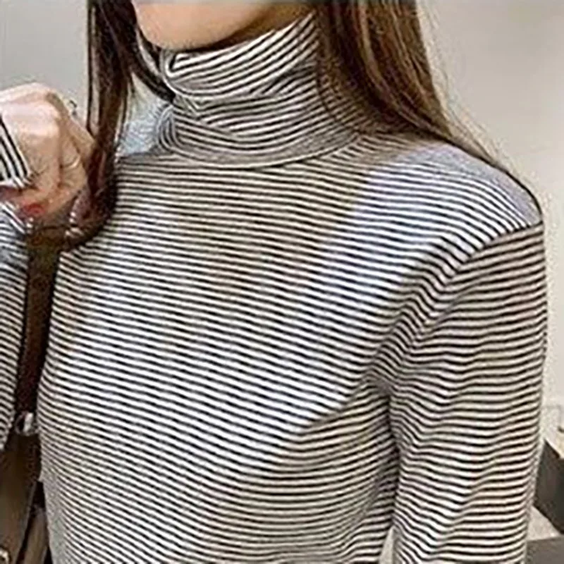 Новая Женская водолазка с длинным рукавом Футболка Повседневная полосатая футболка Осенняя теплая женская готическая футболка