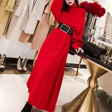 Красное платье с рукавом летучая мышь, осень и зима, новинка, корейский свободный свитер с высоким воротником, макси платья для женщин, вязаное платье, f2528