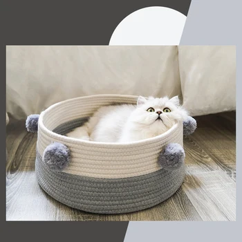 

Home Cotton Pet bed velvet Universal Round Cat Bed Basket Nest Cotton Rope Woven Warm Pet Sleeping Bed House Scratching Mat Pad