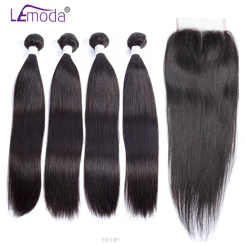 

Malaysian Straight Human Hair Bundles With Closure 3/4 Bundles Deal With Closure LeModa Remy Hair Extensions Middle Part Closure