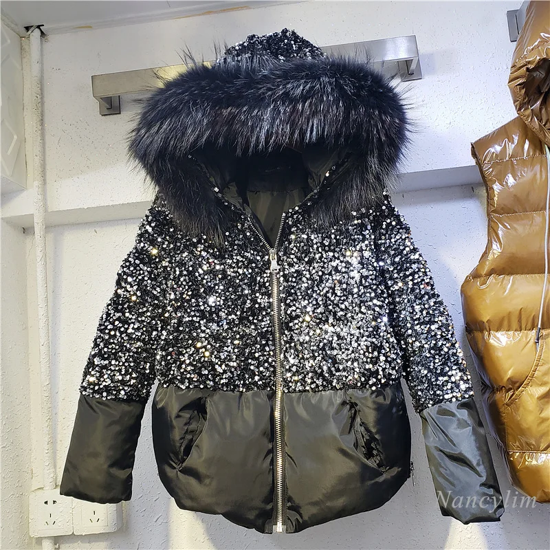 

2020 Winter Female Down Cotton Coat Women New European Goods Heavy Embroidery Sequins Genuine Real Fur Collar Hooded Parka